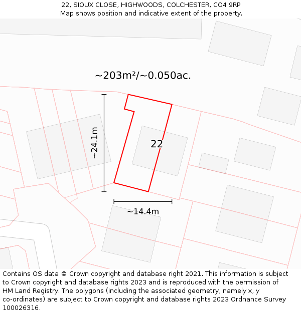 22, SIOUX CLOSE, HIGHWOODS, COLCHESTER, CO4 9RP: Plot and title map