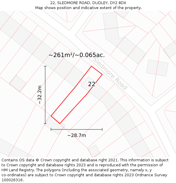 22, SLEDMORE ROAD, DUDLEY, DY2 8DX: Plot and title map
