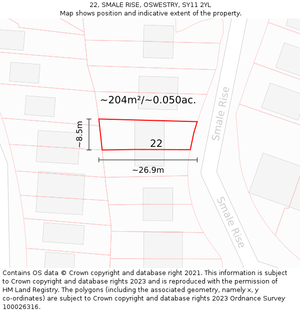 22, SMALE RISE, OSWESTRY, SY11 2YL: Plot and title map