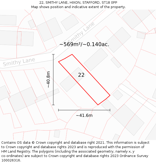 22, SMITHY LANE, HIXON, STAFFORD, ST18 0PP: Plot and title map