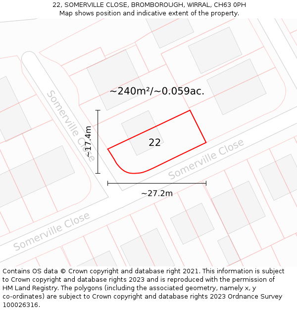 22, SOMERVILLE CLOSE, BROMBOROUGH, WIRRAL, CH63 0PH: Plot and title map