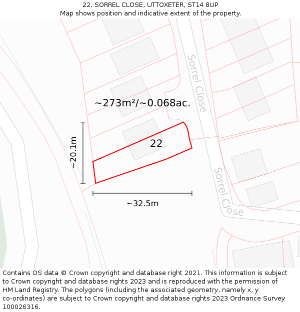 22, SORREL CLOSE, UTTOXETER, ST14 8UP: Plot and title map