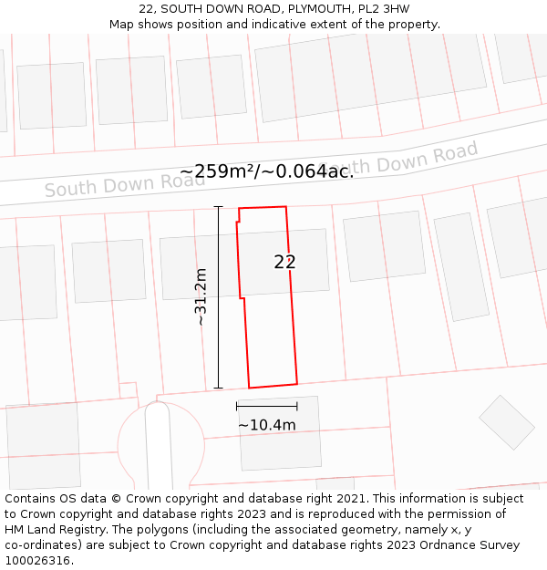 22, SOUTH DOWN ROAD, PLYMOUTH, PL2 3HW: Plot and title map