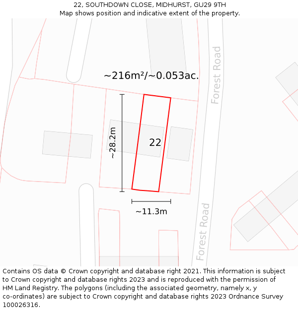 22, SOUTHDOWN CLOSE, MIDHURST, GU29 9TH: Plot and title map