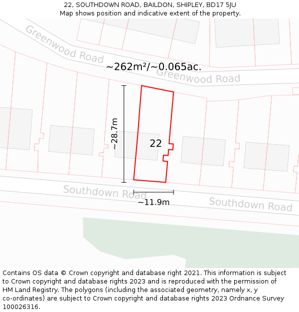 22, SOUTHDOWN ROAD, BAILDON, SHIPLEY, BD17 5JU: Plot and title map