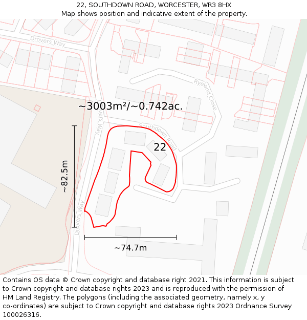 22, SOUTHDOWN ROAD, WORCESTER, WR3 8HX: Plot and title map