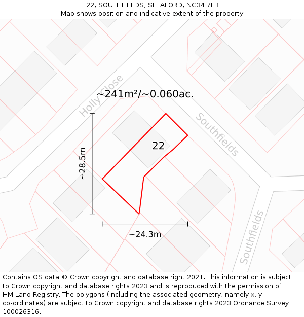 22, SOUTHFIELDS, SLEAFORD, NG34 7LB: Plot and title map