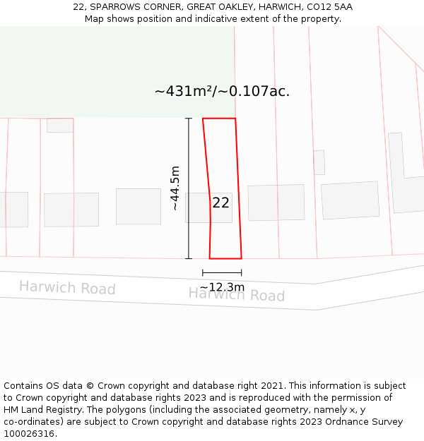 22, SPARROWS CORNER, GREAT OAKLEY, HARWICH, CO12 5AA: Plot and title map