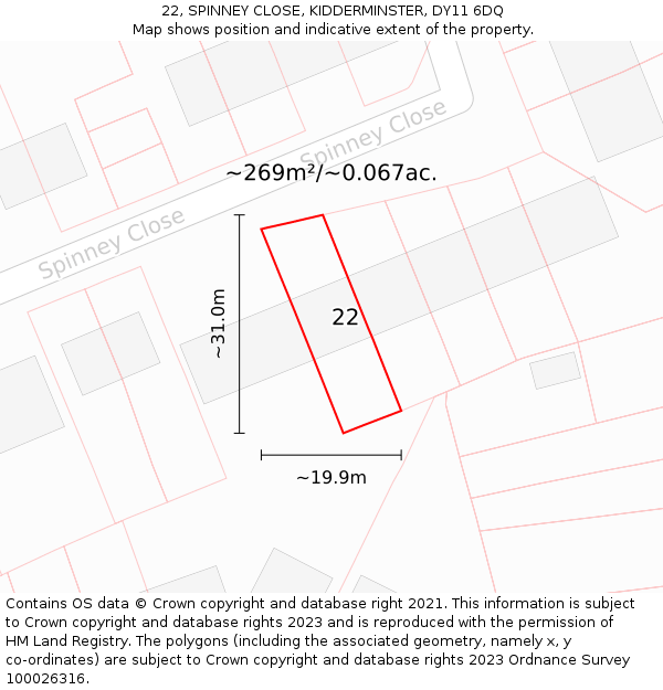 22, SPINNEY CLOSE, KIDDERMINSTER, DY11 6DQ: Plot and title map
