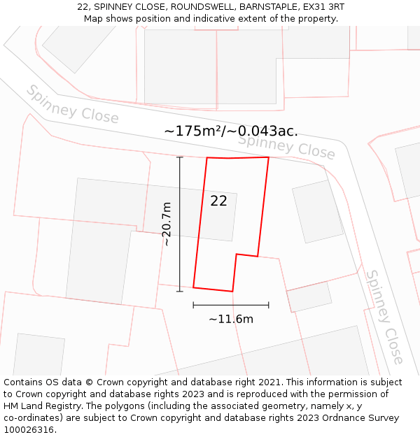 22, SPINNEY CLOSE, ROUNDSWELL, BARNSTAPLE, EX31 3RT: Plot and title map