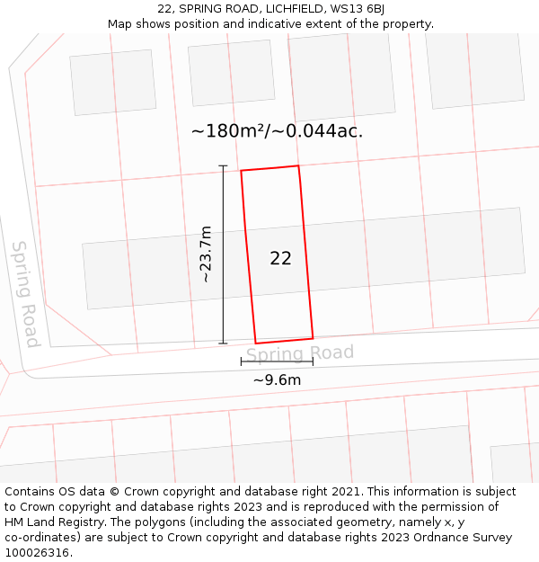 22, SPRING ROAD, LICHFIELD, WS13 6BJ: Plot and title map