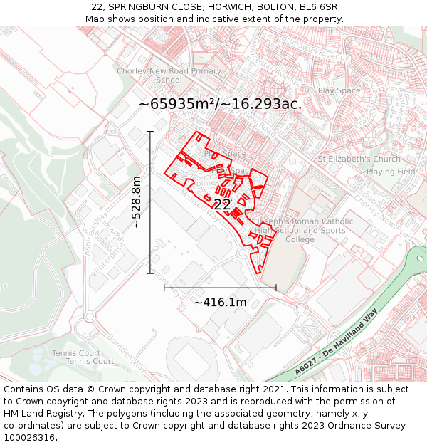 22, SPRINGBURN CLOSE, HORWICH, BOLTON, BL6 6SR: Plot and title map