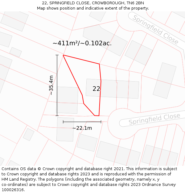 22, SPRINGFIELD CLOSE, CROWBOROUGH, TN6 2BN: Plot and title map