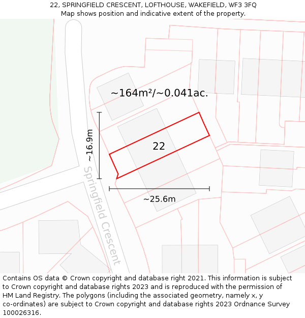 22, SPRINGFIELD CRESCENT, LOFTHOUSE, WAKEFIELD, WF3 3FQ: Plot and title map