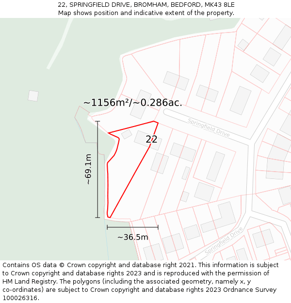 22, SPRINGFIELD DRIVE, BROMHAM, BEDFORD, MK43 8LE: Plot and title map
