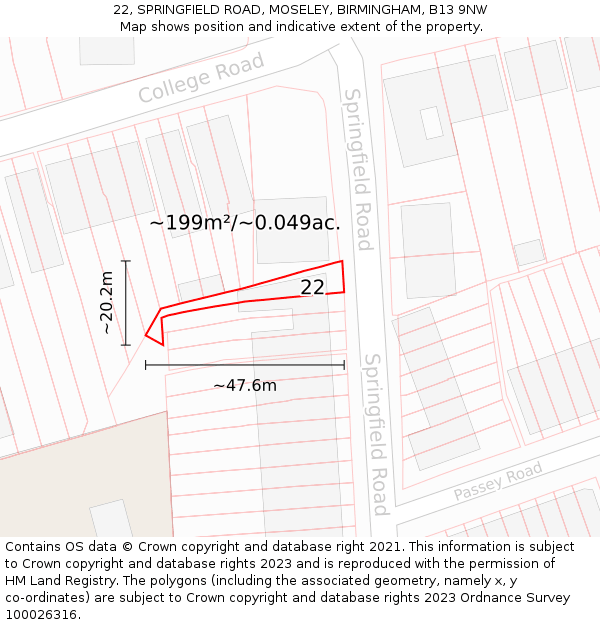 22, SPRINGFIELD ROAD, MOSELEY, BIRMINGHAM, B13 9NW: Plot and title map