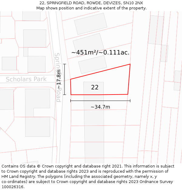 22, SPRINGFIELD ROAD, ROWDE, DEVIZES, SN10 2NX: Plot and title map