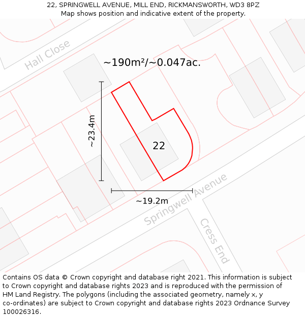 22, SPRINGWELL AVENUE, MILL END, RICKMANSWORTH, WD3 8PZ: Plot and title map