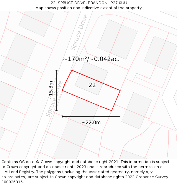 22, SPRUCE DRIVE, BRANDON, IP27 0UU: Plot and title map