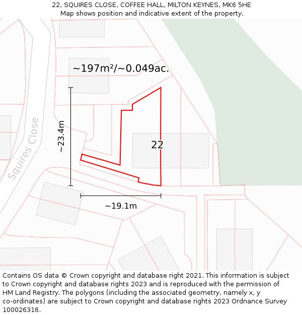 22, SQUIRES CLOSE, COFFEE HALL, MILTON KEYNES, MK6 5HE: Plot and title map