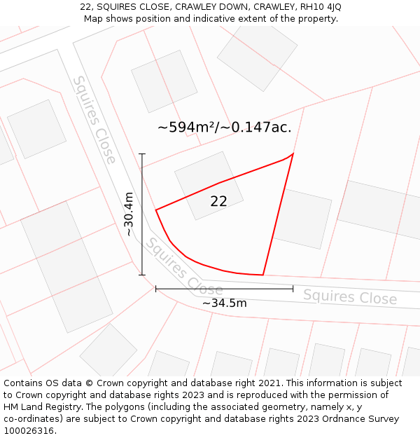 22, SQUIRES CLOSE, CRAWLEY DOWN, CRAWLEY, RH10 4JQ: Plot and title map