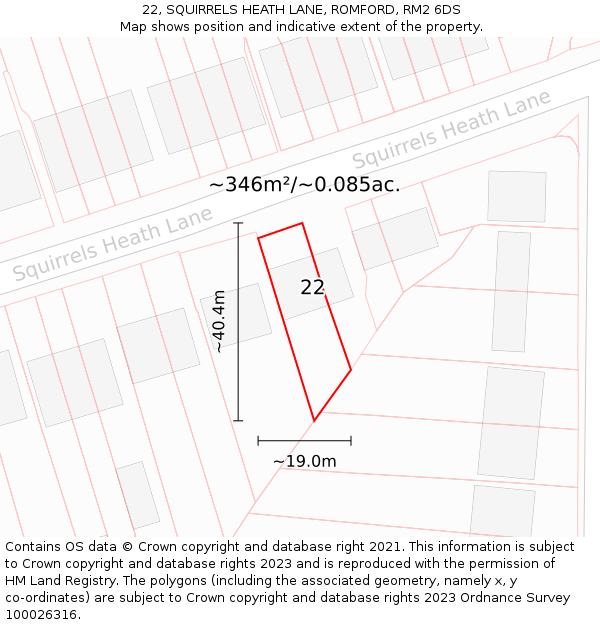 22, SQUIRRELS HEATH LANE, ROMFORD, RM2 6DS: Plot and title map