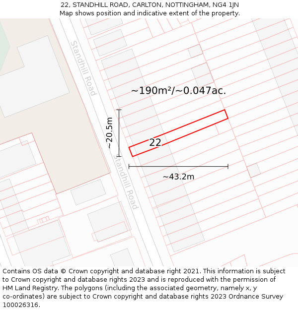 22, STANDHILL ROAD, CARLTON, NOTTINGHAM, NG4 1JN: Plot and title map