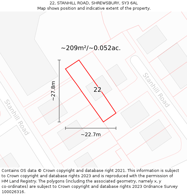22, STANHILL ROAD, SHREWSBURY, SY3 6AL: Plot and title map