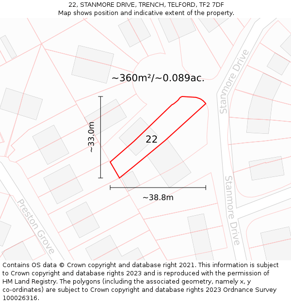 22, STANMORE DRIVE, TRENCH, TELFORD, TF2 7DF: Plot and title map