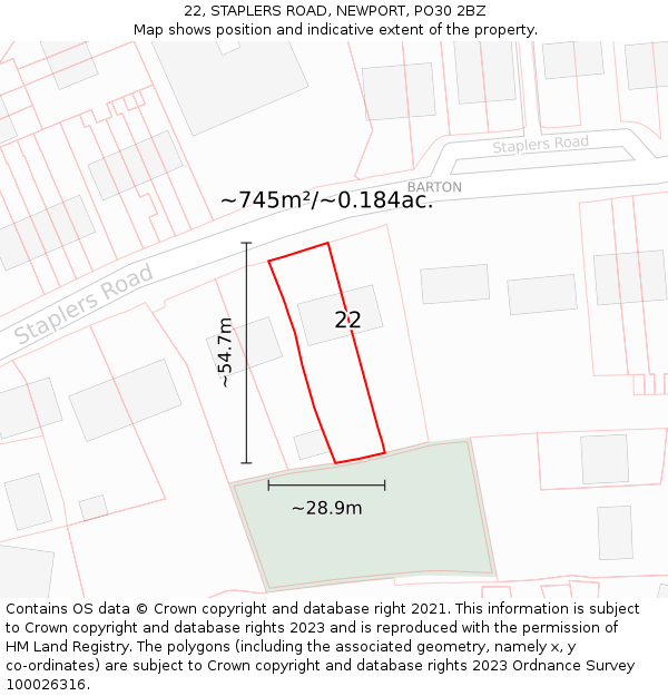 22, STAPLERS ROAD, NEWPORT, PO30 2BZ: Plot and title map