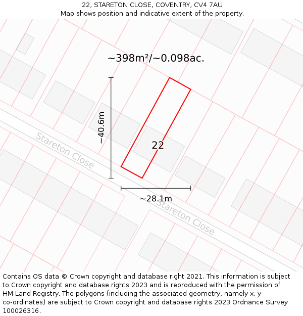 22, STARETON CLOSE, COVENTRY, CV4 7AU: Plot and title map