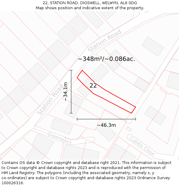 22, STATION ROAD, DIGSWELL, WELWYN, AL6 0DG: Plot and title map