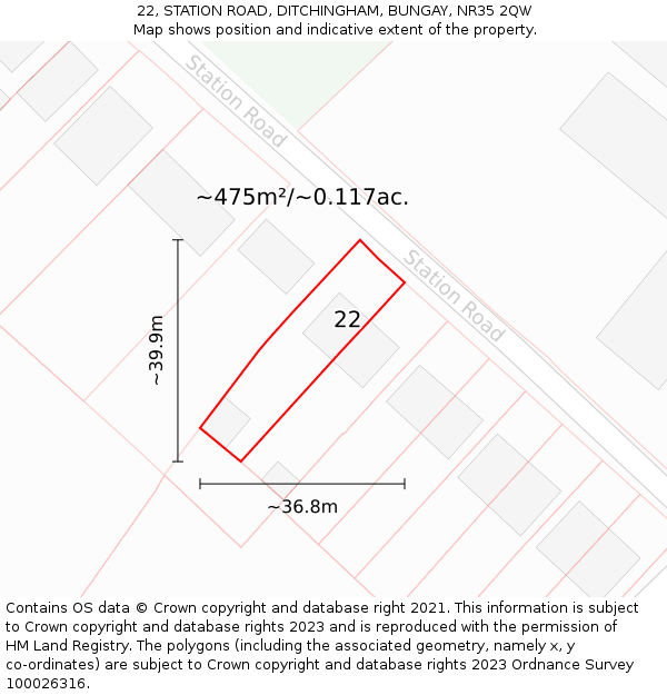 22, STATION ROAD, DITCHINGHAM, BUNGAY, NR35 2QW: Plot and title map