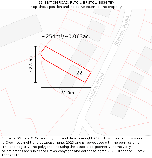 22, STATION ROAD, FILTON, BRISTOL, BS34 7BY: Plot and title map