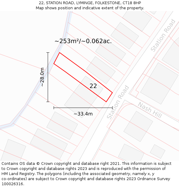 22, STATION ROAD, LYMINGE, FOLKESTONE, CT18 8HP: Plot and title map