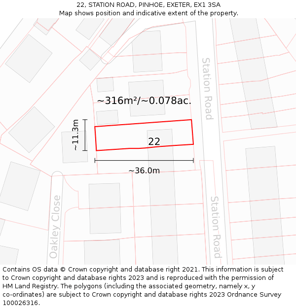 22, STATION ROAD, PINHOE, EXETER, EX1 3SA: Plot and title map