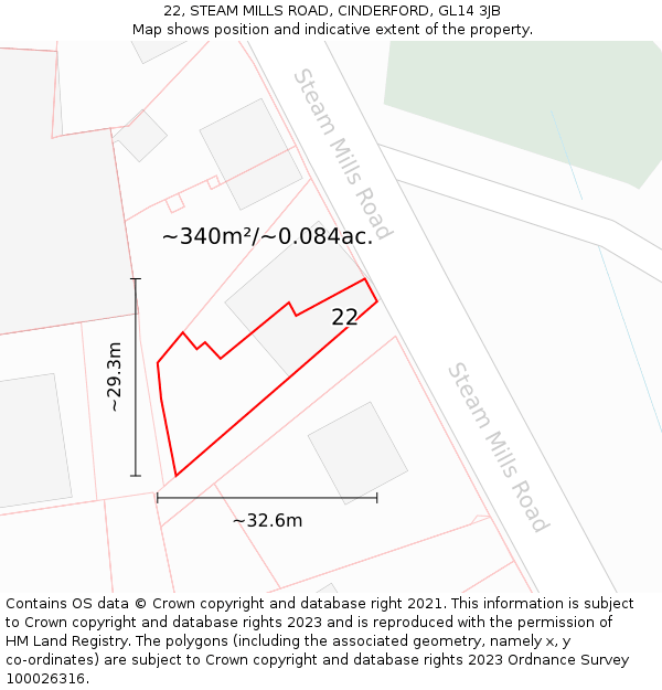 22, STEAM MILLS ROAD, CINDERFORD, GL14 3JB: Plot and title map