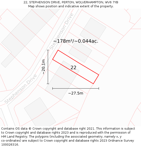 22, STEPHENSON DRIVE, PERTON, WOLVERHAMPTON, WV6 7YB: Plot and title map
