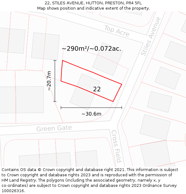 22, STILES AVENUE, HUTTON, PRESTON, PR4 5FL: Plot and title map