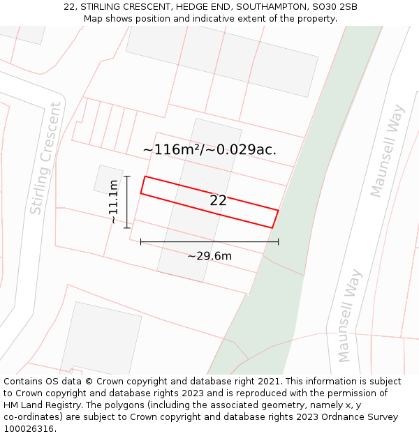 22, STIRLING CRESCENT, HEDGE END, SOUTHAMPTON, SO30 2SB: Plot and title map