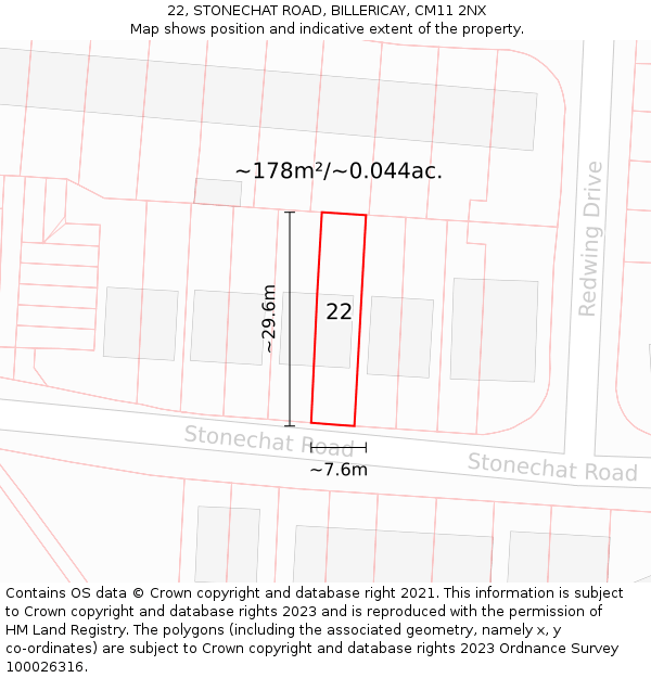 22, STONECHAT ROAD, BILLERICAY, CM11 2NX: Plot and title map