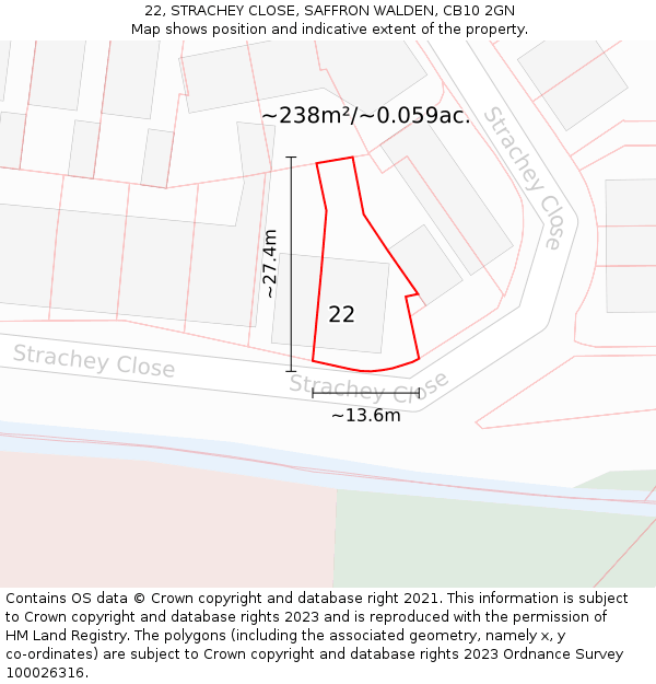 22, STRACHEY CLOSE, SAFFRON WALDEN, CB10 2GN: Plot and title map