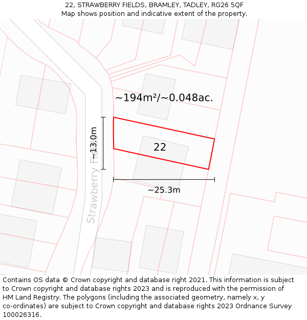 22, STRAWBERRY FIELDS, BRAMLEY, TADLEY, RG26 5QF: Plot and title map
