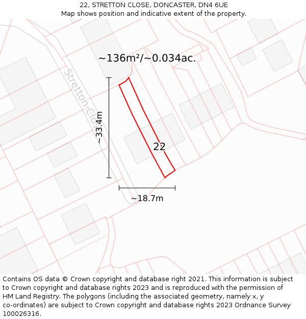 22, STRETTON CLOSE, DONCASTER, DN4 6UE: Plot and title map