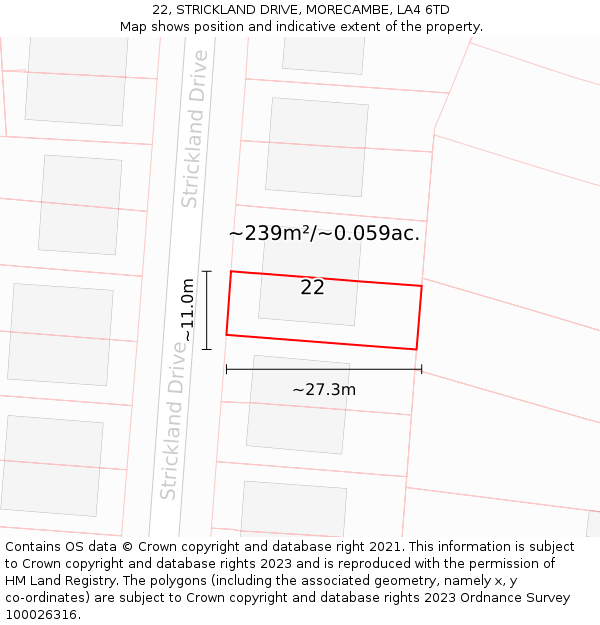 22, STRICKLAND DRIVE, MORECAMBE, LA4 6TD: Plot and title map