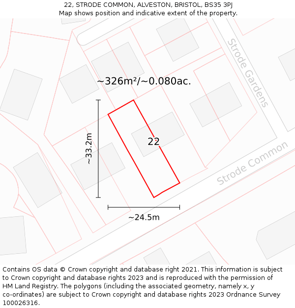 22, STRODE COMMON, ALVESTON, BRISTOL, BS35 3PJ: Plot and title map