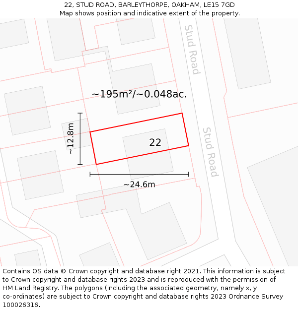 22, STUD ROAD, BARLEYTHORPE, OAKHAM, LE15 7GD: Plot and title map