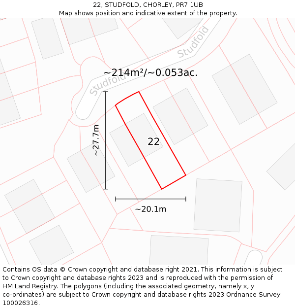22, STUDFOLD, CHORLEY, PR7 1UB: Plot and title map