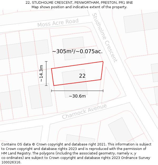 22, STUDHOLME CRESCENT, PENWORTHAM, PRESTON, PR1 9NE: Plot and title map