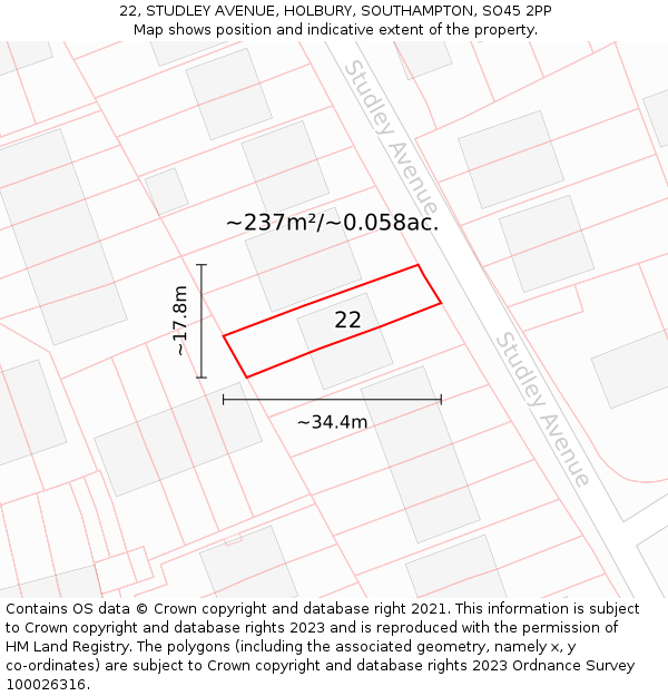 22, STUDLEY AVENUE, HOLBURY, SOUTHAMPTON, SO45 2PP: Plot and title map